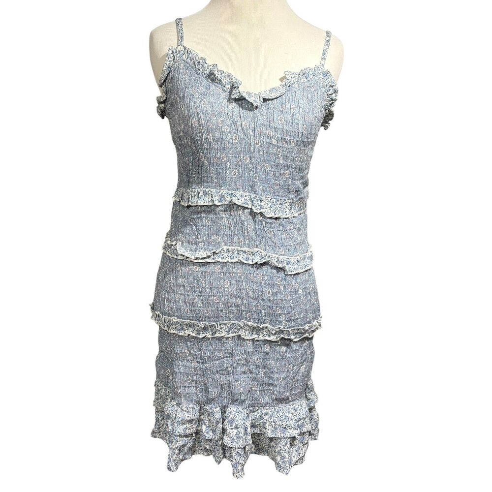 Sim & Sam Blue Floral Ruffle Midi Dress M Smocked Cottagecore Tiered Y2K Boho